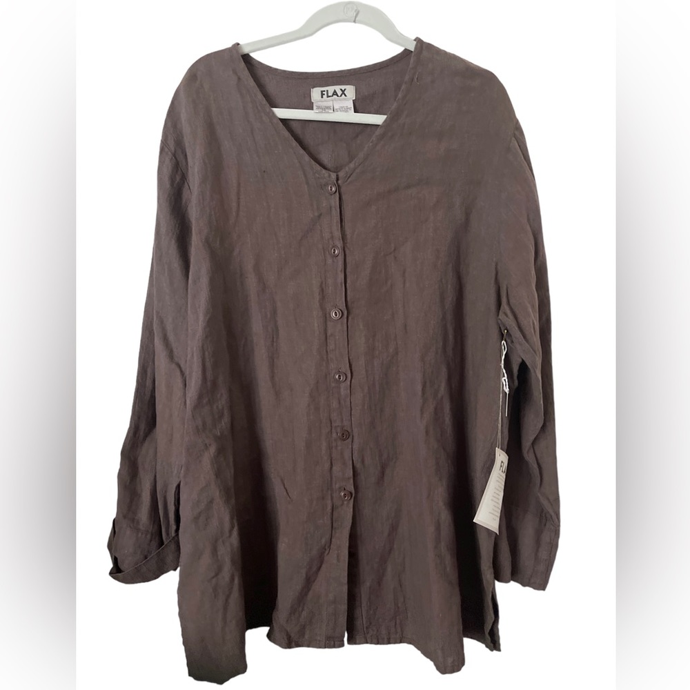 Flax 100% Linen Brown V-neck Long Line Tunic Button Front Top Size 1X